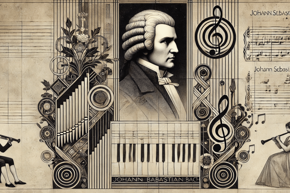 Künstlerische Darstellung im 1920er-Jahre-Jugendstil, inspiriert von Johann Sebastian Bach. Das Poster kombiniert florale Muster mit lebendigen Farben und symbolisiert die Diskussion über klassische Musik und moderne Popkultur