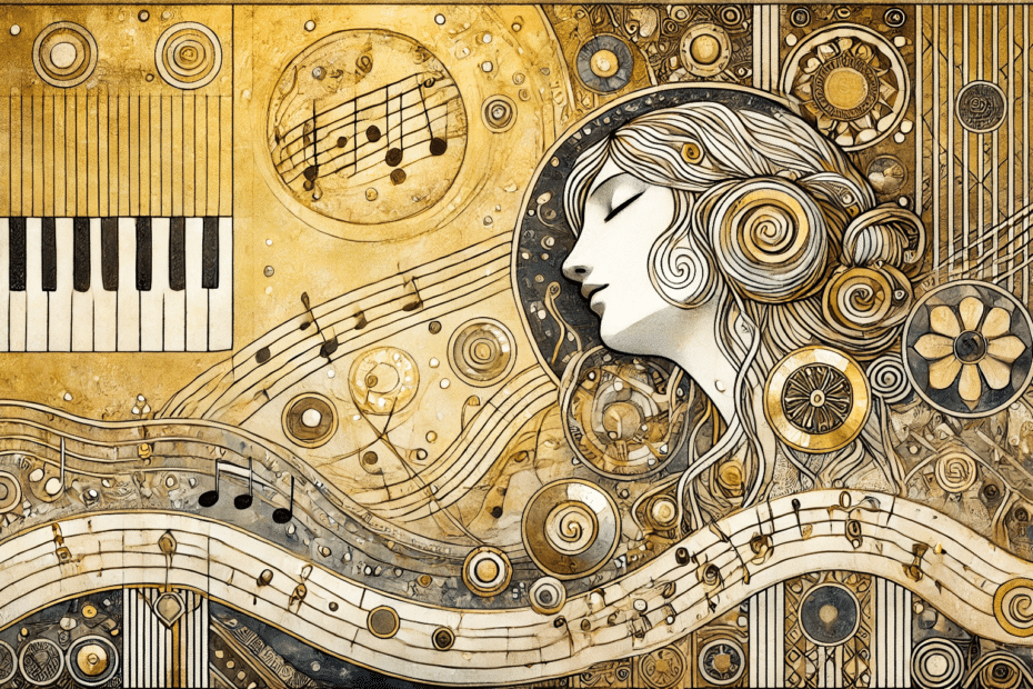 Illustration im 1920er-Jahre-Stil, die die emotionale Kraft von Musik darstellt, mit goldenen und warmen Tönen, inspiriert von Klängen und Rhythmen.